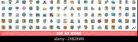 100 Anzeigensymbole eingestellt. Farblinie Satz von Anzeigenvektorsymbolen dünne Linie Farbe flach auf weiß Stock Vektor