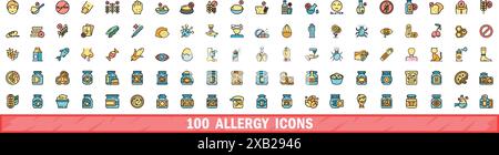 100 Allergiesymbole eingestellt. Farblinie Satz von Allergie-Vektorsymbolen dünne Linie Farbe flach auf weiß Stock Vektor