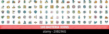 100 Symbole für Bakterien eingestellt. Farblinie Satz von Bakterienvektorsymbolen dünne Linie Farbe flach auf weiß Stock Vektor