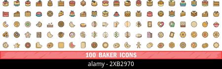 100 Bäcker-Symbole eingestellt. Farblinie Satz von Baker Vector Symbolen dünne Linie Farbe flach auf weiß Stock Vektor