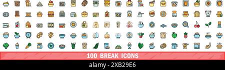 100 Symbole für Umbruch gesetzt. Farblinie Satz von Break Vector Symbolen dünne Linie Farbe flach auf weiß Stock Vektor