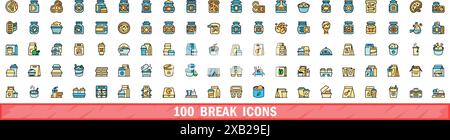 100 Symbole für Umbruch gesetzt. Farblinie Satz von Break Vector Symbolen dünne Linie Farbe flach auf weiß Stock Vektor
