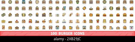 100 Burger-Symbole gesetzt. Farblinie Satz von Burger Vektor-Symbolen dünne Linie Farbe flach auf weiß Stock Vektor