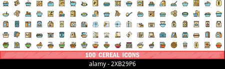 100 Symbole für Getreide. Farblinie Satz von Getreidevektorsymbolen dünne Linie Farbe flach auf weiß Stock Vektor