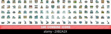 100 Mähdreschersymbole eingestellt. Farblinie Satz von Kombinationsvektorsymbolen dünne Linie Farbe flach auf weiß Stock Vektor