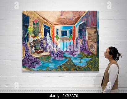 Elizabeth Xi Bauer Gallery, Deptford, London, Großbritannien. Juni 2024. Die finnische Künstlerin Karoliina Hellberg lebt und arbeitet in Helsinki und ist bekannt für ihre großen, lebendigen Leinwände aus Öl, Acryl und Tinte. Labyrinth, Karoliina Hellbergs erste britische Einzelausstellung (7. Juni bis 3. August 2024) zeigt neue Werke des Künstlers und einen Tapetenabdruck, der von Hellberg für diese Einzelausstellung entworfen und ausgeführt wurde. Kuratiert wird die Ausstellung von Maria do Carmo M. P. de Pontes. Bild: Karoliina Hellberg, du kommst immer wieder rein, 2024. Acryl, Öl und Tinte auf Leinwand. Quelle: Malcolm Park/Alamy Live News Stockfoto