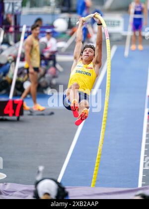 ROM, ITALIEN - 10. JUNI: Armand Duplantis von Schweden tritt am 4. Tag der Leichtathletik-Europameisterschaft Rom 2024 im Stadio Olimpico am 10. Juni 2024 in Rom an. (Foto: Joris Verwijst/BSR Agency) Stockfoto