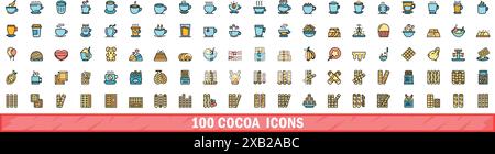 100 Kakaosymbole gesetzt. Farblinie Satz von Kakaovektorsymbolen dünne Linie Farbe flach auf weiß Stock Vektor