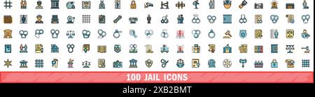 100 Jail-Symbole eingestellt. Farblinie Satz von Jail-Vektorsymbolen dünne Linie Farbe flach auf weiß Stock Vektor