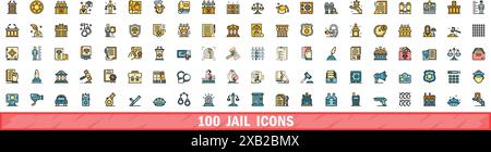 100 Jail-Symbole eingestellt. Farblinie Satz von Jail-Vektorsymbolen dünne Linie Farbe flach auf weiß Stock Vektor