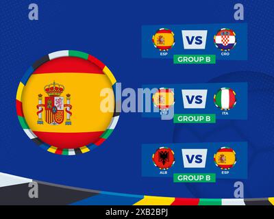 Spielplan der spanischen Fußballmannschaft in der Gruppenphase. Vektorvorlage. Stock Vektor