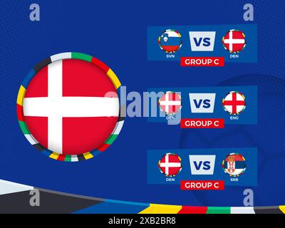 Spielplan der dänischen Fußballmannschaft in der Gruppenphase. Vektorvorlage. Stock Vektor