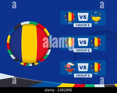Spielplan der rumänischen Fußballmannschaft in der Gruppenphase. Vektorvorlage. Stock Vektor