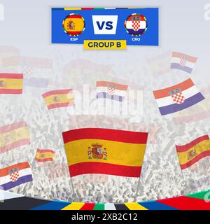 Fußballfans jubeln mit Fahnen für das Spiel zwischen Spanien und Kroatien. Sportillustration für Fußballwettbewerbe in Europa. Vektorvorlage. Stock Vektor