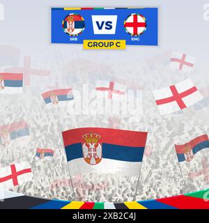 Fußballfans jubeln mit Fahnen für das Spiel zwischen Serbien und England. Sportillustration für Fußballwettbewerbe in Europa. Vektorvorlage. Stock Vektor