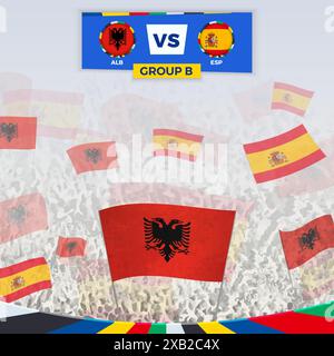 Fußballfans jubeln mit Fahnen für das Spiel zwischen Albanien und Spanien. Sportillustration für Fußballwettbewerbe in Europa. Vektorvorlage. Stock Vektor