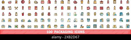 100 Verpackungssymbole gesetzt. Farblinie Satz von Verpackungsvektorsymbolen dünne Linie Farbe flach auf weiß Stock Vektor