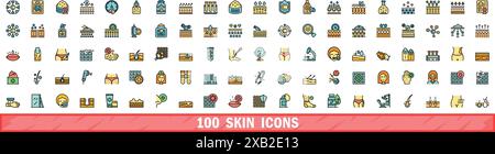 100 Skin-Symbole eingestellt. Farblinie Satz von Skin Vektor-Symbolen dünne Linie Farbe flach auf weiß Stock Vektor