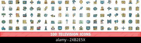 100 Fernsehsymbole eingestellt. Farblinie Satz von TV-Vektorsymbolen dünne Linie Farbe flach auf weiß Stock Vektor
