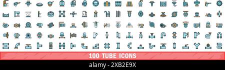100 Röhrensymbole eingestellt. Farblinie Satz von Röhrenvektorsymbolen dünne Linie Farbe flach auf weiß Stock Vektor