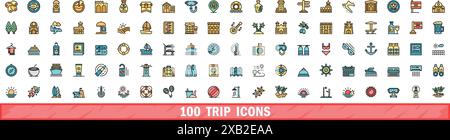100 Tripsymbole eingestellt. Farblinie Satz von Tripvektorsymbolen dünne Linie Farbe flach auf weiß Stock Vektor