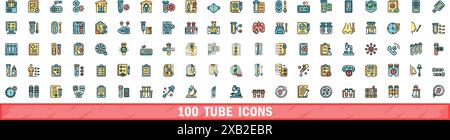 100 Röhrensymbole eingestellt. Farblinie Satz von Röhrenvektorsymbolen dünne Linie Farbe flach auf weiß Stock Vektor