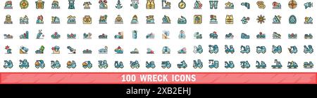 100 Wrack-Symbole Set. Farblinie Satz von Wrack-Vektorsymbolen dünne Linie Farbe flach auf weiß Stock Vektor