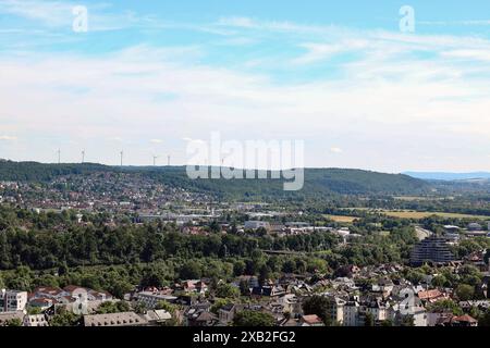 Blick vom Marburger Schloss, Landgrafenschloss Marburg ueber die Stadt am 09.06.2024 in Marburg/Deutschland. *** Blick vom Marburger Schloss, Landgrafenburg Marburg über die Stadt am 09 06 2024 in Marburg Deutschland Stockfoto