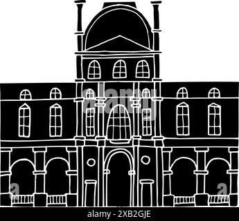 Silhouette des Museums Vektor Hand gezeichnete Illustration. Symbol von Paris. Vintage-Zeichnung mit schwarzer Tinte für Symbol, Logo oder Design Stock Vektor