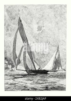 Eine alte Gravur der Rennen „Shamrock II“ und „Columbia“ im America’s Cup 1901. Es stammt aus einem viktorianischen Geschichtsbuch aus dem jahr 1900. Der America's Cup 1901 war die 11. Herausforderung für dieses Segelevent. Es fand im New York City Harbor statt und bestand aus einer Best of 5 Rennserie zwischen der verteidigenden Yacht Columbia, die zum zweiten Mal vom New York Yacht Club eingetreten war. und Sir Thomas Liptons Schaluppe Shamrock II, repräsentiert den Royal Ulster Yacht Club und Großbritannien. Columbia gewann drei Rennen, das letzte gewann mit Handicap und behielt den Pokal. Stockfoto