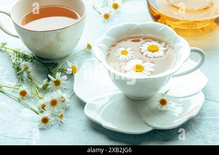 Kamillenblütentee. Eine Teetasse und eine Teekanne mit frischen Heilblumen, natürliches Bio-Heilmittel. Gesundes Getränk, heilend und beruhigend Stockfoto