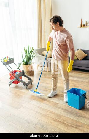 Hübscher Mann in gemütlicher Hauswäsche, der ein Wohnzimmer wischt und reinigt. Stockfoto