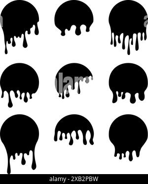 Satz von Tropfkreisbeschriftungen. Tropfaufkleber lackieren. Schwarze Lackflüssigkeit. Schwarzer Tintenfleck. Vektorabbildung Stock Vektor