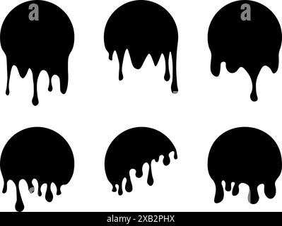 Satz von Tropfkreisbeschriftungen. Tropfaufkleber lackieren. Schwarze Lackflüssigkeit. Schwarzer Tintenfleck. Vektorabbildung Stock Vektor