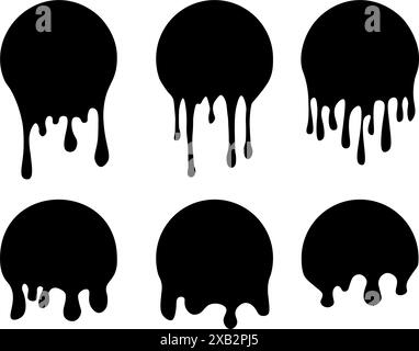 Satz von Tropfkreisbeschriftungen. Tropfaufkleber lackieren. Schwarze Lackflüssigkeit. Schwarzer Tintenfleck. Vektorabbildung Stock Vektor