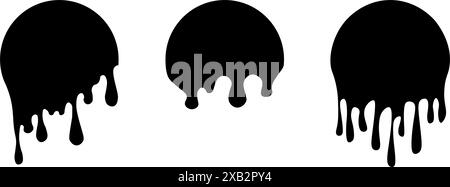 Satz von Tropfkreisbeschriftungen. Tropfaufkleber lackieren. Schwarze Lackflüssigkeit. Schwarzer Tintenfleck. Vektorabbildung Stock Vektor