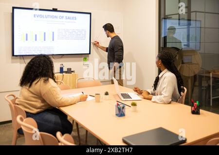 Eine vielfältige Gruppe von Kollegen arbeitet in einem modernen Coworking-Raum zusammen, während eine Person eine Präsentation leitet Stockfoto