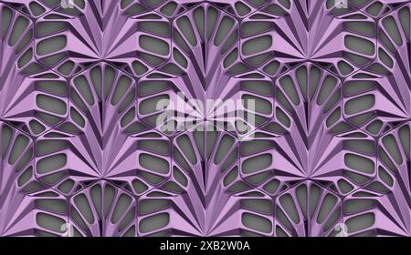 Ein visuell fesselndes abstraktes geometrisches Muster mit mehreren lila Formen, die sich immer wieder in komplexen Designs auf einem nahtlosen Hintergrund wiederfinden Stockfoto