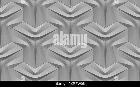 Eine detaillierte Nahaufnahme eines nahtlosen, geometrischen Musters mit einer komplexen Palette monochromer Grautöne bietet sein 3D-Erscheinungsbild eine moderne und stilvolle Note Stockfoto