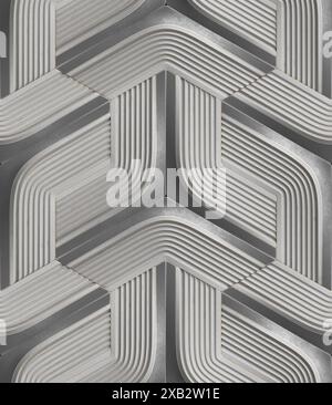 Dieses Bild zeigt eine detaillierte Nahaufnahme einer metallischen Struktur mit einem komplizierten, geometrischen Webmuster in 3D Stockfoto