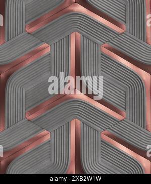 Ein kompliziertes digitales Kunstwerk mit verschränkten geometrischen Formen aus Grau und Rose, das eine visuell fesselnde 3D-Illusion erzeugt Stockfoto