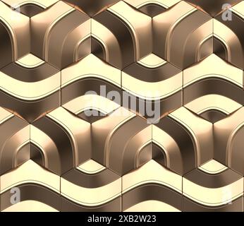 Geometrisches nahtloses 3D-Muster aus goldfarbenem Metallmaterial Centric Series 3D Illustration Stockfoto