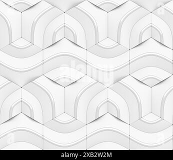 Dieses Bild zeigt ein nahtloses geometrisches Muster, das weiße 3D-Würfel darstellt, die mit eleganten gekrümmten Linien verbunden sind, wodurch ein faszinierendes, abstraktes V entsteht Stockfoto