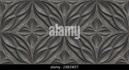 Eine fesselnde 3D-Blumentapete mit komplizierten Herzmotiven in elegantem Schwarz mit dezenten goldenen Linien, die eine elegante und sophisti-Stil schaffen Stockfoto