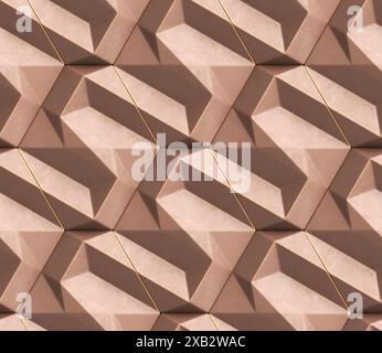 Dieses Bild zeigt ein sich wiederholendes abstraktes 3D-Muster mit beigen geometrischen Formen und bietet ein modernes und minimalistisches Design, das sich ideal für Hintergründe oder Wände eignet Stockfoto