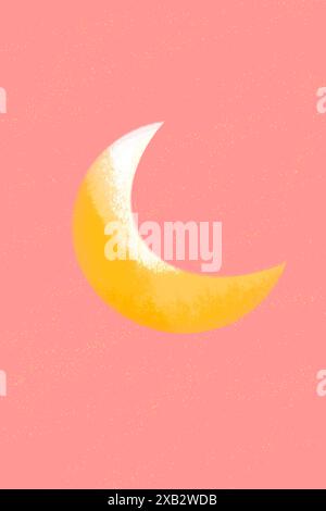 Eine lebendige digitale Illustration eines goldenen Halbmondes mit einer strukturierten Oberfläche vor einem rosafarbenen Hintergrund, bestreut mit winzigen goldenen Sternen, Illustratio Stockfoto