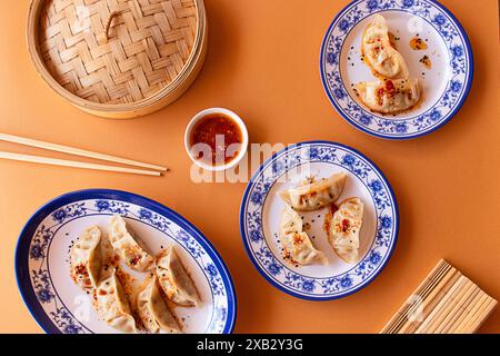 Eine lebendige Ausstellung chinesischer Teigtaschen, sowohl gedämpft als auch gebraten, kunstvoll auf blau-weiß gemusterten Porzellanplatten angeordnet, ergänzt durch ein b Stockfoto