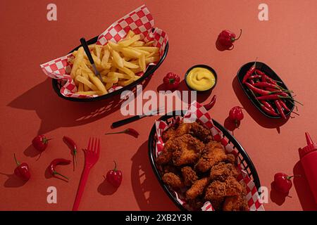 Eine ansprechende Auswahl an Fast Food, mit knusprigem gebratenem Huhn, Pommes Frites und roten heißen Chili-Paprika, die künstlerisch auf rot karierten Serv angeordnet sind Stockfoto