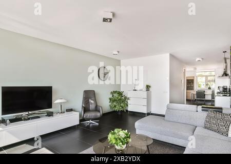 Ein minimalistisches, modernes Wohnzimmer mit grauen Sofas, weißen Schränken und dunklem Fußboden. Das Zimmer verfügt über einen Ruhesessel, einen Fernseher und natürliche L Stockfoto