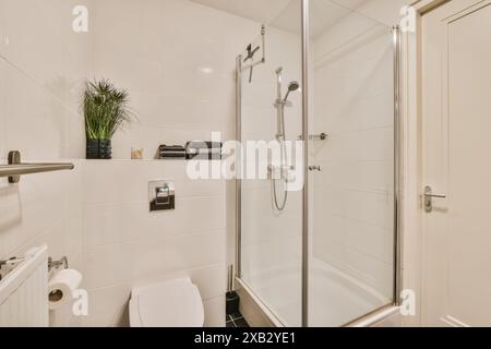 Helles und sauberes, modernes Bad mit Dusche, Toilette und dekorativer Pflanze in Oostzijde, Amsterdam, ideal für ein modernes Zuhause Stockfoto